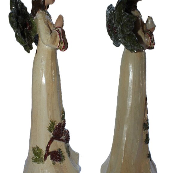 Pair Of Resin Holly Winged Christmas Angel Statues 12" Tall - Picture 12 of 16